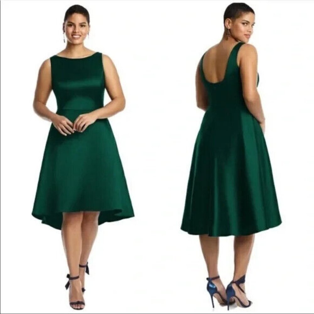 Alfred Sung Hunter Green Sateen Twill High Low Cocktail Dress D697w